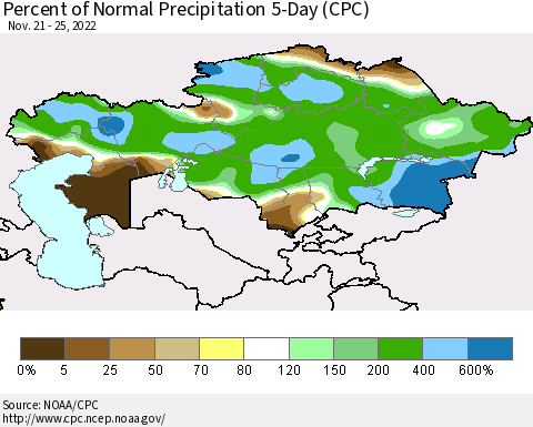 Kazakhstan Percent of Normal Precipitation 5-Day (CPC) Thematic Map For 11/21/2022 - 11/25/2022
