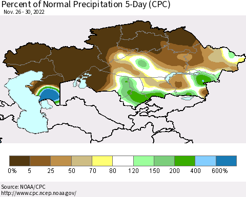Kazakhstan Percent of Normal Precipitation 5-Day (CPC) Thematic Map For 11/26/2022 - 11/30/2022