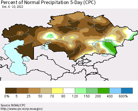 Kazakhstan Percent of Normal Precipitation 5-Day (CPC) Thematic Map For 12/6/2022 - 12/10/2022