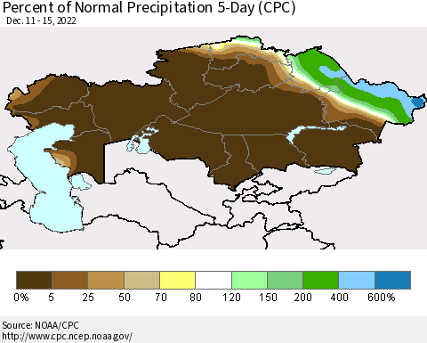 Kazakhstan Percent of Normal Precipitation 5-Day (CPC) Thematic Map For 12/11/2022 - 12/15/2022