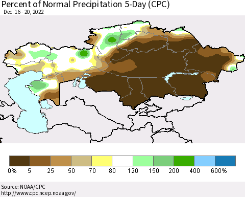 Kazakhstan Percent of Normal Precipitation 5-Day (CPC) Thematic Map For 12/16/2022 - 12/20/2022