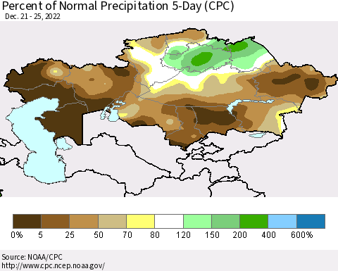 Kazakhstan Percent of Normal Precipitation 5-Day (CPC) Thematic Map For 12/21/2022 - 12/25/2022