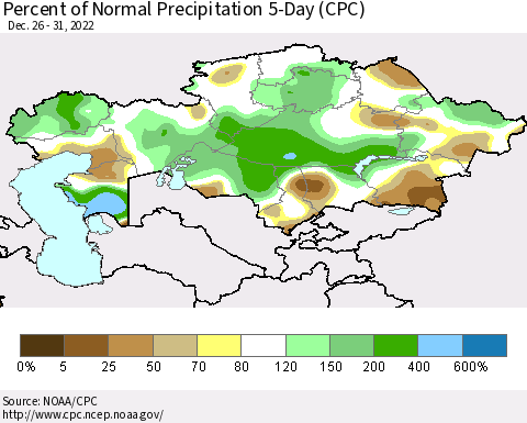 Kazakhstan Percent of Normal Precipitation 5-Day (CPC) Thematic Map For 12/26/2022 - 12/31/2022