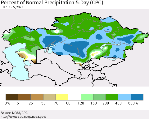 Kazakhstan Percent of Normal Precipitation 5-Day (CPC) Thematic Map For 1/1/2023 - 1/5/2023