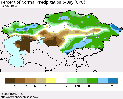 Kazakhstan Percent of Normal Precipitation 5-Day (CPC) Thematic Map For 1/6/2023 - 1/10/2023
