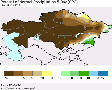 Kazakhstan Percent of Normal Precipitation 5-Day (CPC) Thematic Map For 1/11/2023 - 1/15/2023