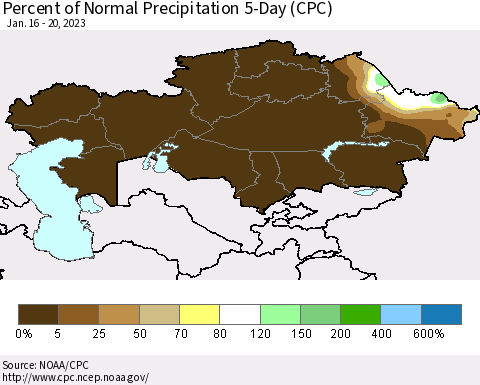 Kazakhstan Percent of Normal Precipitation 5-Day (CPC) Thematic Map For 1/16/2023 - 1/20/2023