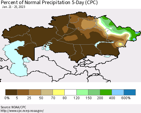 Kazakhstan Percent of Normal Precipitation 5-Day (CPC) Thematic Map For 1/21/2023 - 1/25/2023
