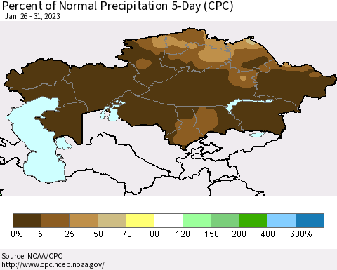 Kazakhstan Percent of Normal Precipitation 5-Day (CPC) Thematic Map For 1/26/2023 - 1/31/2023