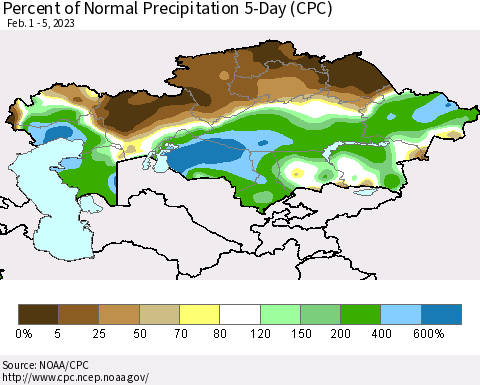 Kazakhstan Percent of Normal Precipitation 5-Day (CPC) Thematic Map For 2/1/2023 - 2/5/2023