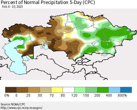 Kazakhstan Percent of Normal Precipitation 5-Day (CPC) Thematic Map For 2/6/2023 - 2/10/2023