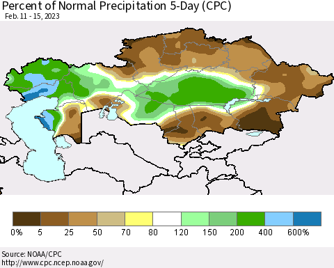 Kazakhstan Percent of Normal Precipitation 5-Day (CPC) Thematic Map For 2/11/2023 - 2/15/2023