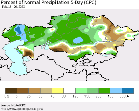 Kazakhstan Percent of Normal Precipitation 5-Day (CPC) Thematic Map For 2/16/2023 - 2/20/2023