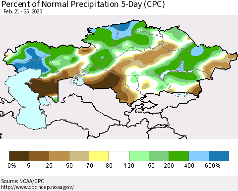 Kazakhstan Percent of Normal Precipitation 5-Day (CPC) Thematic Map For 2/21/2023 - 2/25/2023