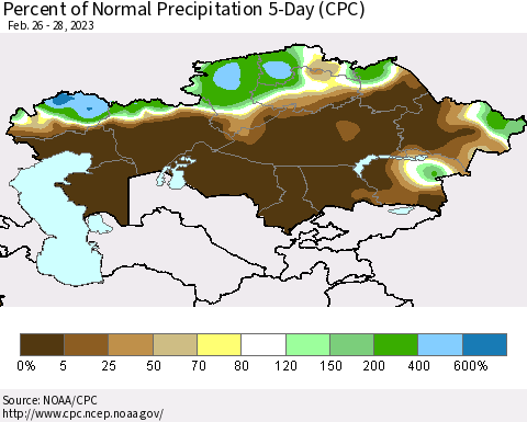 Kazakhstan Percent of Normal Precipitation 5-Day (CPC) Thematic Map For 2/26/2023 - 2/28/2023