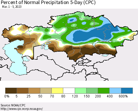 Kazakhstan Percent of Normal Precipitation 5-Day (CPC) Thematic Map For 3/1/2023 - 3/5/2023
