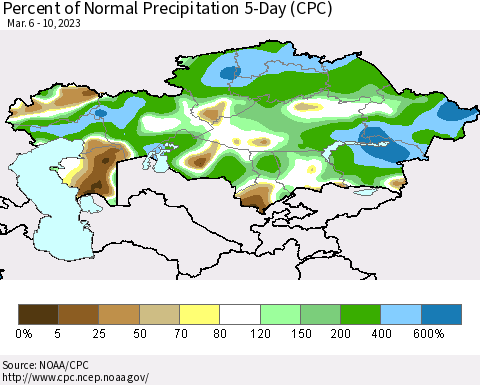 Kazakhstan Percent of Normal Precipitation 5-Day (CPC) Thematic Map For 3/6/2023 - 3/10/2023