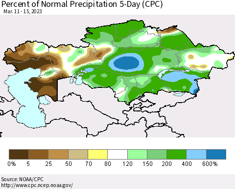 Kazakhstan Percent of Normal Precipitation 5-Day (CPC) Thematic Map For 3/11/2023 - 3/15/2023