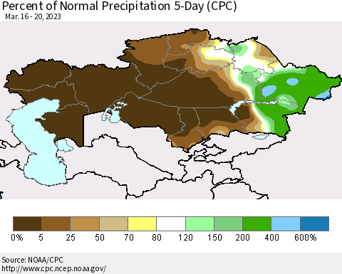 Kazakhstan Percent of Normal Precipitation 5-Day (CPC) Thematic Map For 3/16/2023 - 3/20/2023