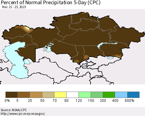 Kazakhstan Percent of Normal Precipitation 5-Day (CPC) Thematic Map For 3/21/2023 - 3/25/2023