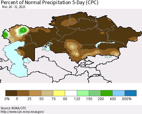 Kazakhstan Percent of Normal Precipitation 5-Day (CPC) Thematic Map For 3/26/2023 - 3/31/2023