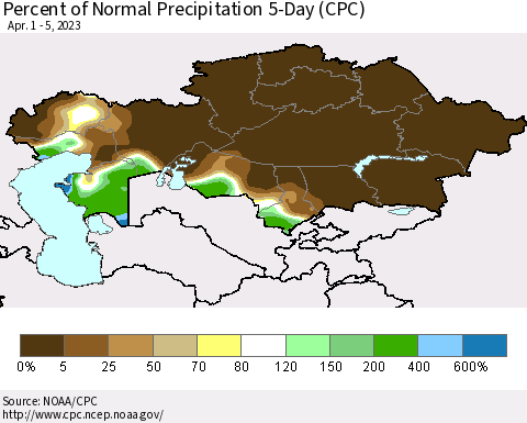 Kazakhstan Percent of Normal Precipitation 5-Day (CPC) Thematic Map For 4/1/2023 - 4/5/2023