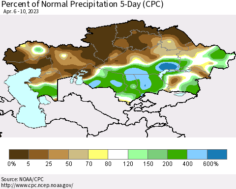 Kazakhstan Percent of Normal Precipitation 5-Day (CPC) Thematic Map For 4/6/2023 - 4/10/2023