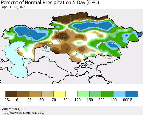 Kazakhstan Percent of Normal Precipitation 5-Day (CPC) Thematic Map For 4/11/2023 - 4/15/2023