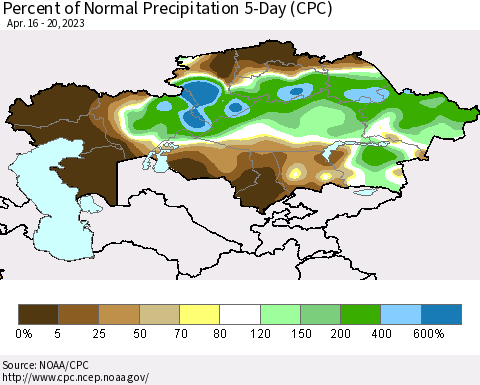 Kazakhstan Percent of Normal Precipitation 5-Day (CPC) Thematic Map For 4/16/2023 - 4/20/2023