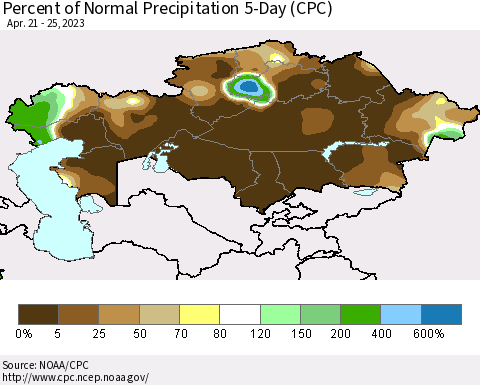 Kazakhstan Percent of Normal Precipitation 5-Day (CPC) Thematic Map For 4/21/2023 - 4/25/2023