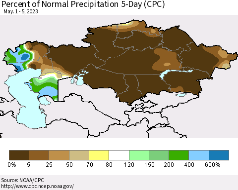 Kazakhstan Percent of Normal Precipitation 5-Day (CPC) Thematic Map For 5/1/2023 - 5/5/2023