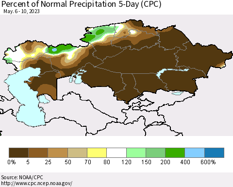 Kazakhstan Percent of Normal Precipitation 5-Day (CPC) Thematic Map For 5/6/2023 - 5/10/2023