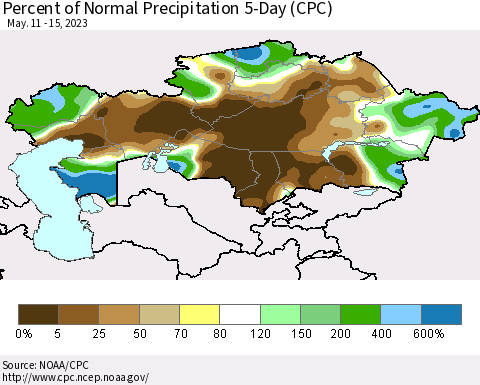 Kazakhstan Percent of Normal Precipitation 5-Day (CPC) Thematic Map For 5/11/2023 - 5/15/2023