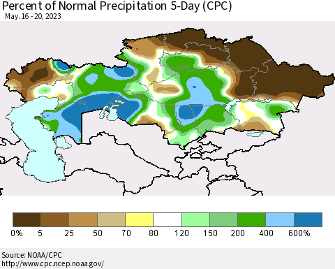 Kazakhstan Percent of Normal Precipitation 5-Day (CPC) Thematic Map For 5/16/2023 - 5/20/2023