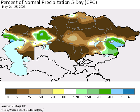 Kazakhstan Percent of Normal Precipitation 5-Day (CPC) Thematic Map For 5/21/2023 - 5/25/2023