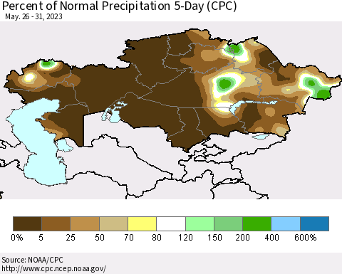Kazakhstan Percent of Normal Precipitation 5-Day (CPC) Thematic Map For 5/26/2023 - 5/31/2023