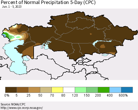 Kazakhstan Percent of Normal Precipitation 5-Day (CPC) Thematic Map For 6/1/2023 - 6/5/2023