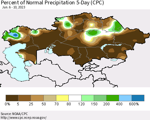 Kazakhstan Percent of Normal Precipitation 5-Day (CPC) Thematic Map For 6/6/2023 - 6/10/2023