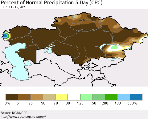 Kazakhstan Percent of Normal Precipitation 5-Day (CPC) Thematic Map For 6/11/2023 - 6/15/2023
