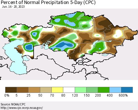 Kazakhstan Percent of Normal Precipitation 5-Day (CPC) Thematic Map For 6/16/2023 - 6/20/2023