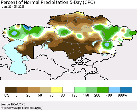Kazakhstan Percent of Normal Precipitation 5-Day (CPC) Thematic Map For 6/21/2023 - 6/25/2023