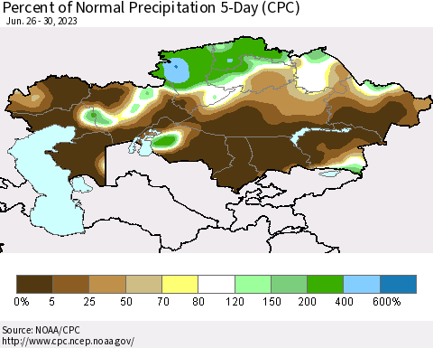 Kazakhstan Percent of Normal Precipitation 5-Day (CPC) Thematic Map For 6/26/2023 - 6/30/2023