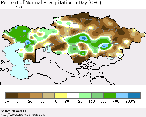 Kazakhstan Percent of Normal Precipitation 5-Day (CPC) Thematic Map For 7/1/2023 - 7/5/2023