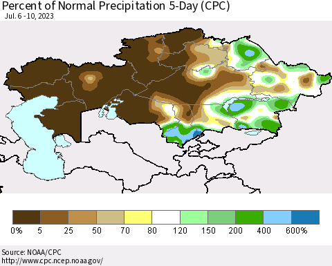 Kazakhstan Percent of Normal Precipitation 5-Day (CPC) Thematic Map For 7/6/2023 - 7/10/2023