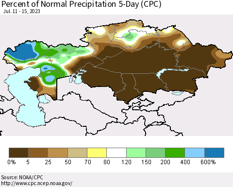 Kazakhstan Percent of Normal Precipitation 5-Day (CPC) Thematic Map For 7/11/2023 - 7/15/2023
