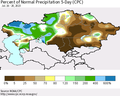Kazakhstan Percent of Normal Precipitation 5-Day (CPC) Thematic Map For 7/16/2023 - 7/20/2023
