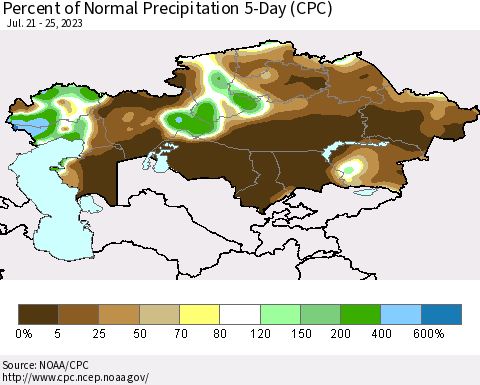 Kazakhstan Percent of Normal Precipitation 5-Day (CPC) Thematic Map For 7/21/2023 - 7/25/2023