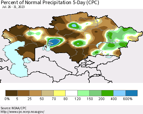 Kazakhstan Percent of Normal Precipitation 5-Day (CPC) Thematic Map For 7/26/2023 - 7/31/2023