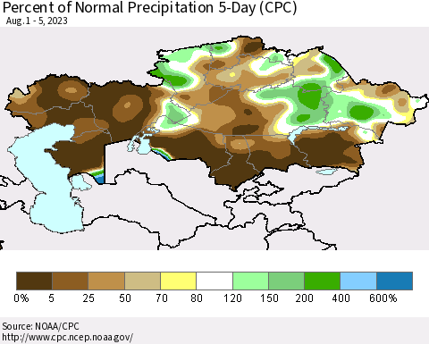 Kazakhstan Percent of Normal Precipitation 5-Day (CPC) Thematic Map For 8/1/2023 - 8/5/2023