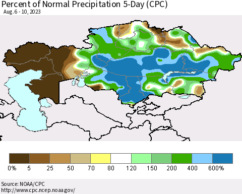 Kazakhstan Percent of Normal Precipitation 5-Day (CPC) Thematic Map For 8/6/2023 - 8/10/2023